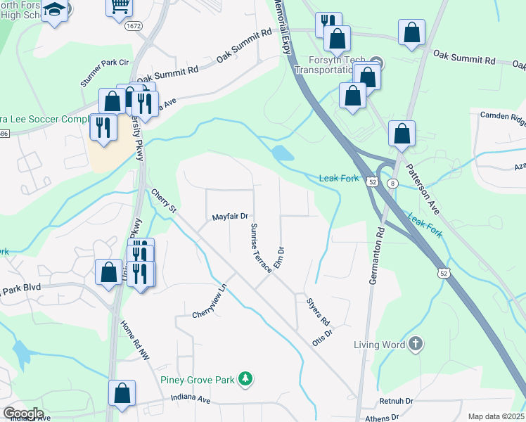 map of restaurants, bars, coffee shops, grocery stores, and more near 5205 Sunrise Terrace in Winston-Salem