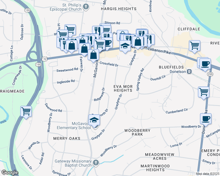 map of restaurants, bars, coffee shops, grocery stores, and more near in Nashville