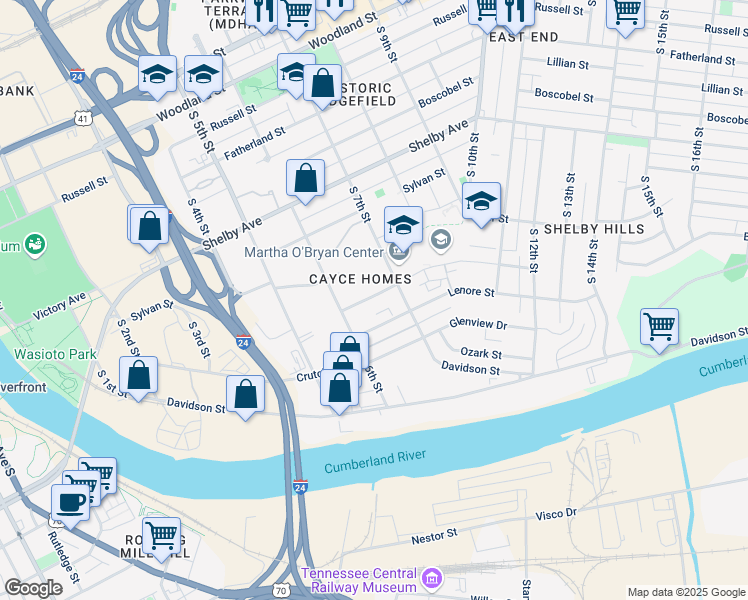map of restaurants, bars, coffee shops, grocery stores, and more near 600 Dew Street in Nashville