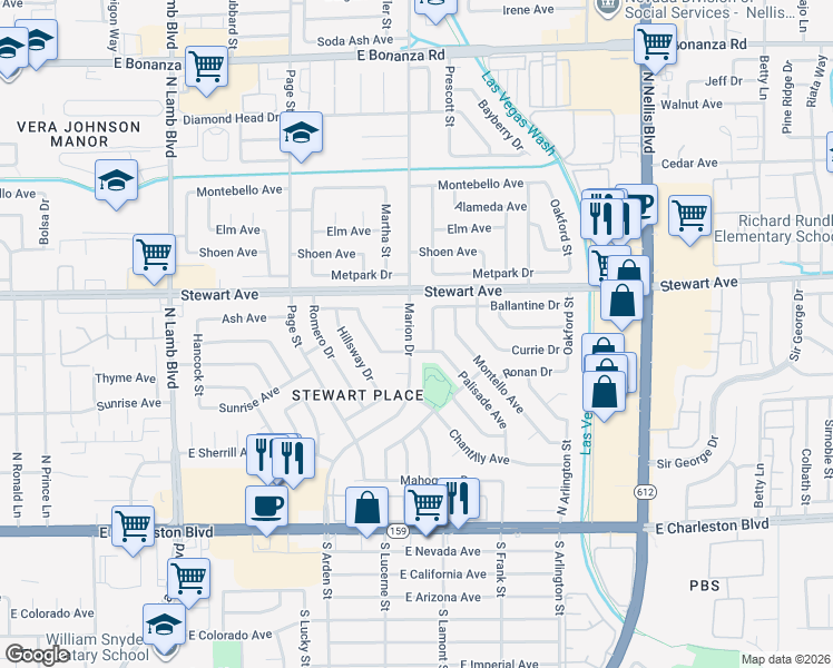 map of restaurants, bars, coffee shops, grocery stores, and more near 208 Marion Drive in Las Vegas