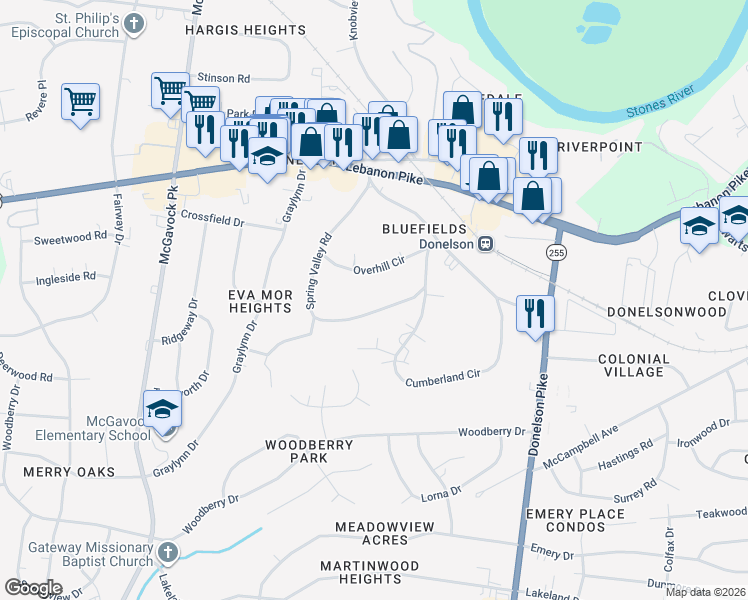 map of restaurants, bars, coffee shops, grocery stores, and more near 155 Spring Valley Road in Nashville