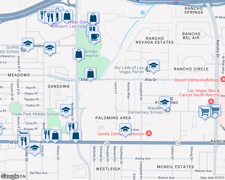 map of restaurants, bars, coffee shops, grocery stores, and more near 616 Lacy Lane in Las Vegas