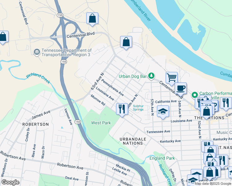 map of restaurants, bars, coffee shops, grocery stores, and more near 6107 Pennsylvania Avenue in Nashville