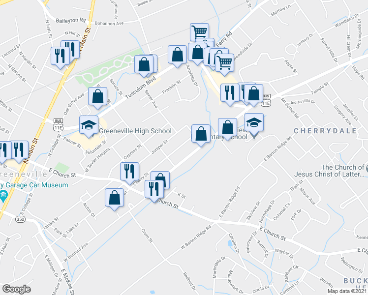map of restaurants, bars, coffee shops, grocery stores, and more near 418 Cherry Street in Greeneville