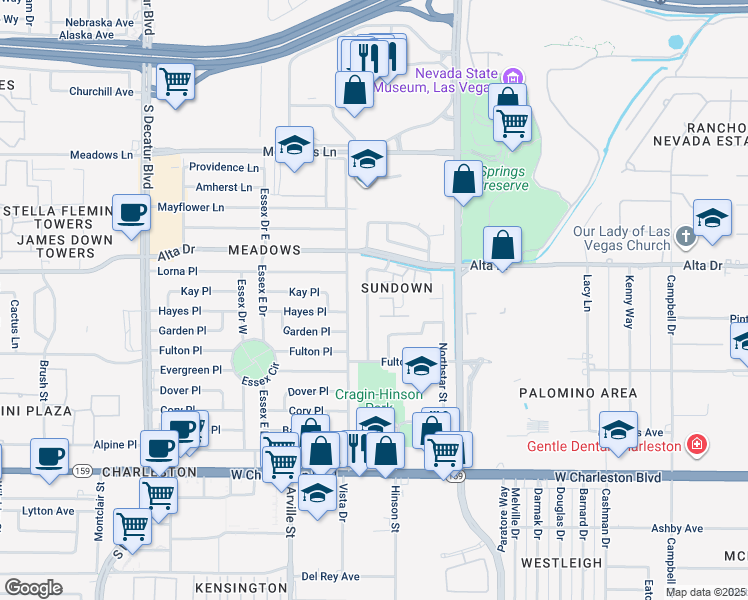 map of restaurants, bars, coffee shops, grocery stores, and more near 601 Cragin Park Drive in Las Vegas