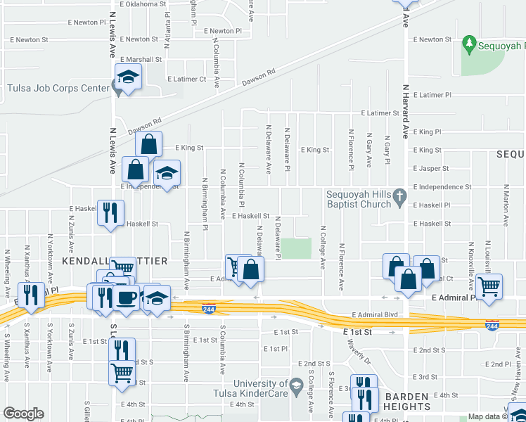 map of restaurants, bars, coffee shops, grocery stores, and more near 2801 East Haskell Street in Tulsa