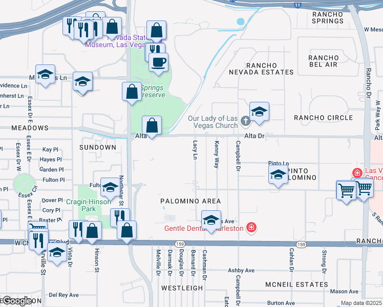 map of restaurants, bars, coffee shops, grocery stores, and more near 616 Lacy Lane in Las Vegas