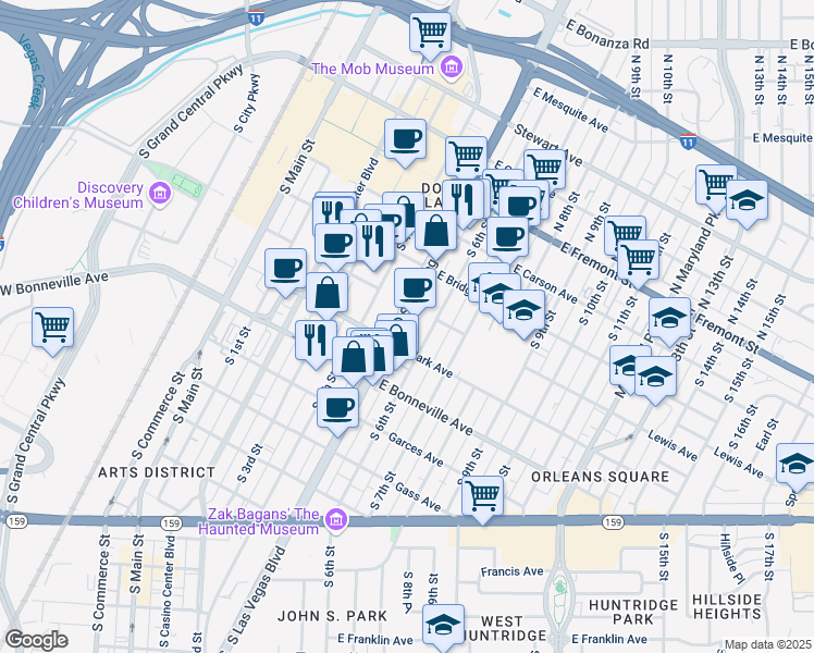 map of restaurants, bars, coffee shops, grocery stores, and more near 335 South Las Vegas Boulevard in Las Vegas