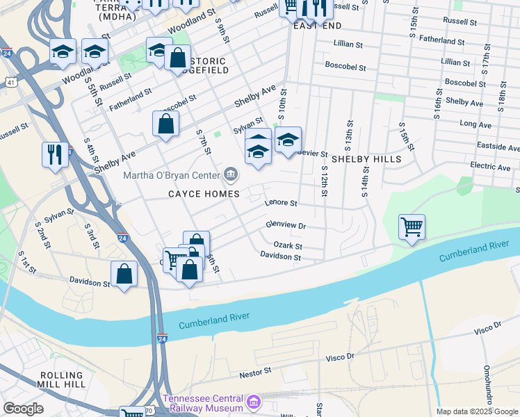 map of restaurants, bars, coffee shops, grocery stores, and more near 740 Lenore Street in Nashville