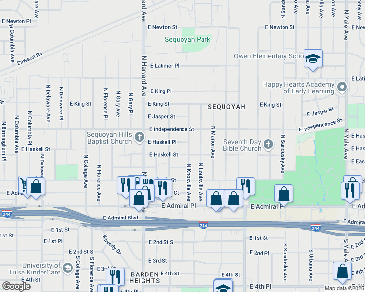 map of restaurants, bars, coffee shops, grocery stores, and more near 3528 East Haskell Place in Tulsa