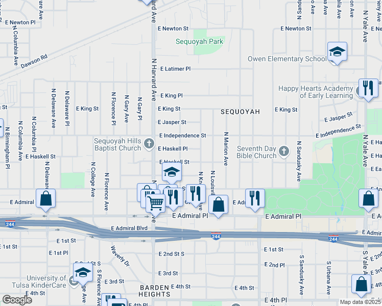 map of restaurants, bars, coffee shops, grocery stores, and more near 3528 East Haskell Place in Tulsa