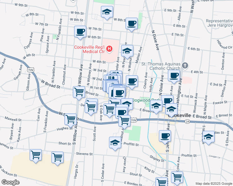 map of restaurants, bars, coffee shops, grocery stores, and more near 29 N Cedar Ave in Cookeville