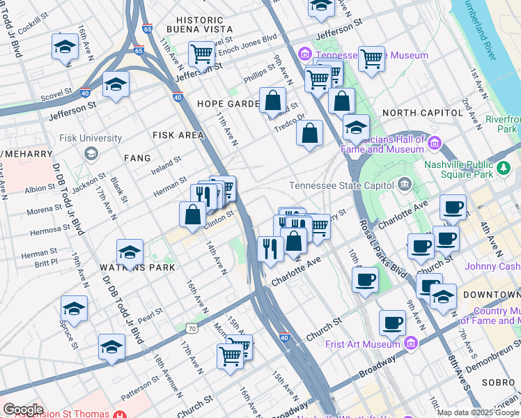 map of restaurants, bars, coffee shops, grocery stores, and more near 1100 Jo Johnston Avenue in Nashville