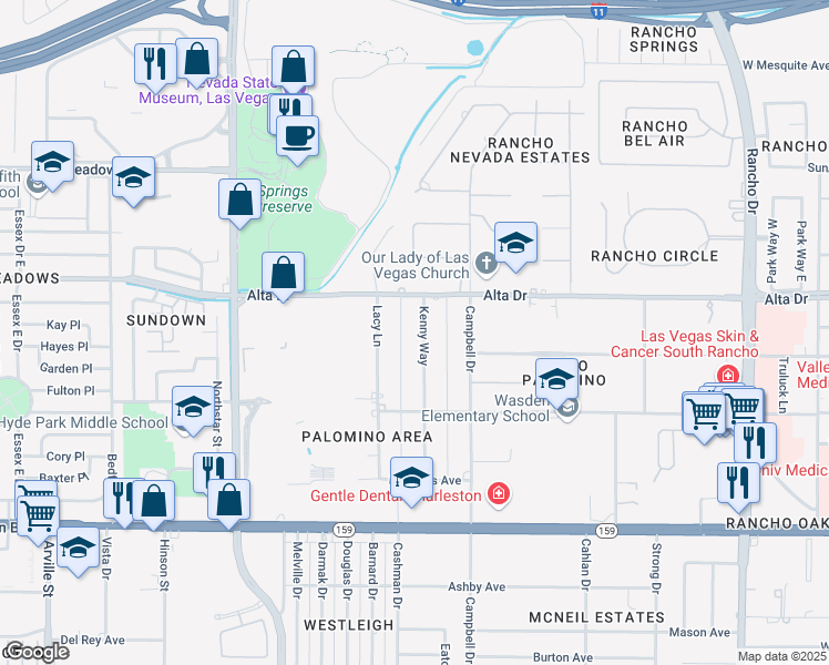 map of restaurants, bars, coffee shops, grocery stores, and more near 616 Kenny Way in Las Vegas