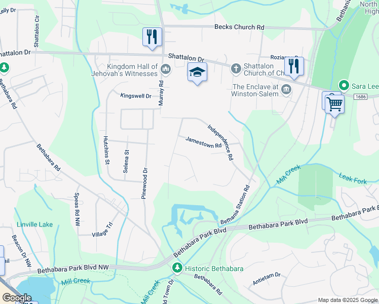 map of restaurants, bars, coffee shops, grocery stores, and more near 2165 Westminister Lane in Winston-Salem