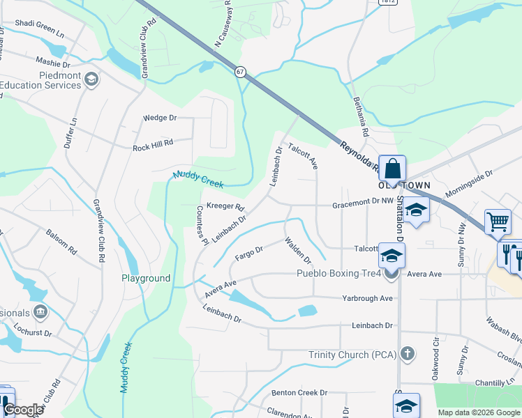 map of restaurants, bars, coffee shops, grocery stores, and more near 4911 Leinbach Drive in Winston-Salem
