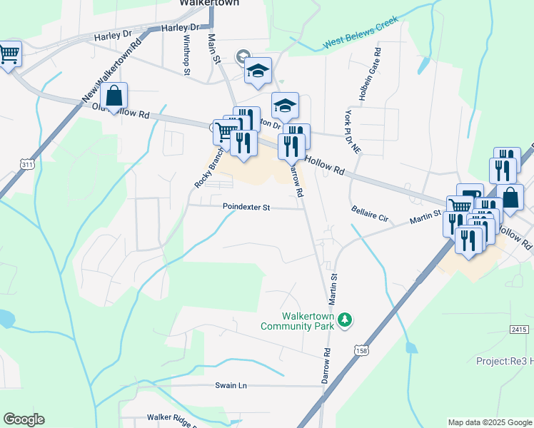 map of restaurants, bars, coffee shops, grocery stores, and more near 4530 Poindexter Rd in Walkertown