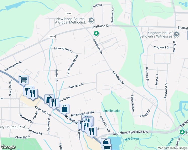 map of restaurants, bars, coffee shops, grocery stores, and more near 2639 Bluebird Lane in Winston-Salem
