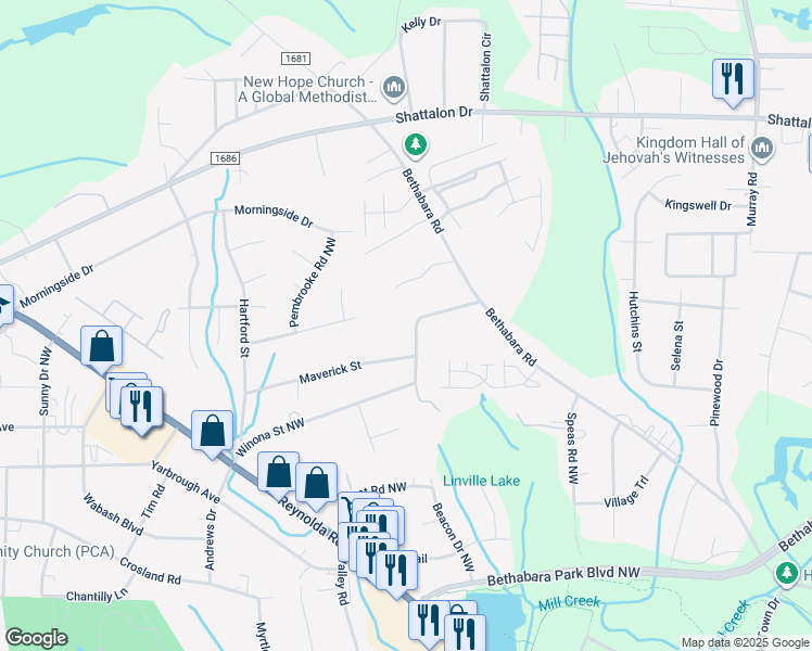 map of restaurants, bars, coffee shops, grocery stores, and more near 2639 Bluebird Lane in Winston-Salem