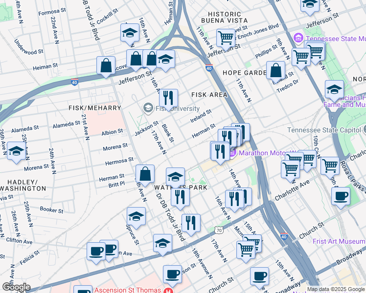 map of restaurants, bars, coffee shops, grocery stores, and more near 1601 Herman Street in Nashville