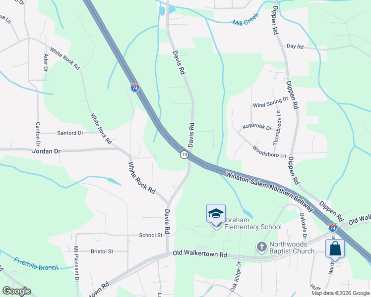 map of restaurants, bars, coffee shops, grocery stores, and more near 4970 Davis Road in Winston-Salem
