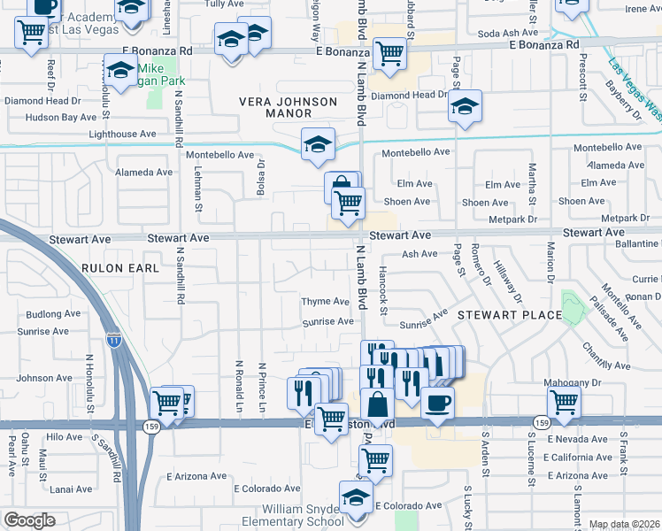 map of restaurants, bars, coffee shops, grocery stores, and more near 259 North Lamb Boulevard in Las Vegas