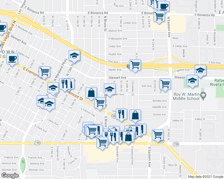 map of restaurants, bars, coffee shops, grocery stores, and more near 208 North 18th Street in Las Vegas