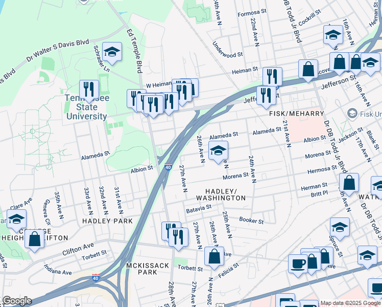 map of restaurants, bars, coffee shops, grocery stores, and more near 2609 Albion Street in Nashville