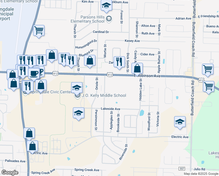 map of restaurants, bars, coffee shops, grocery stores, and more near 2175 Orchard Street in Springdale