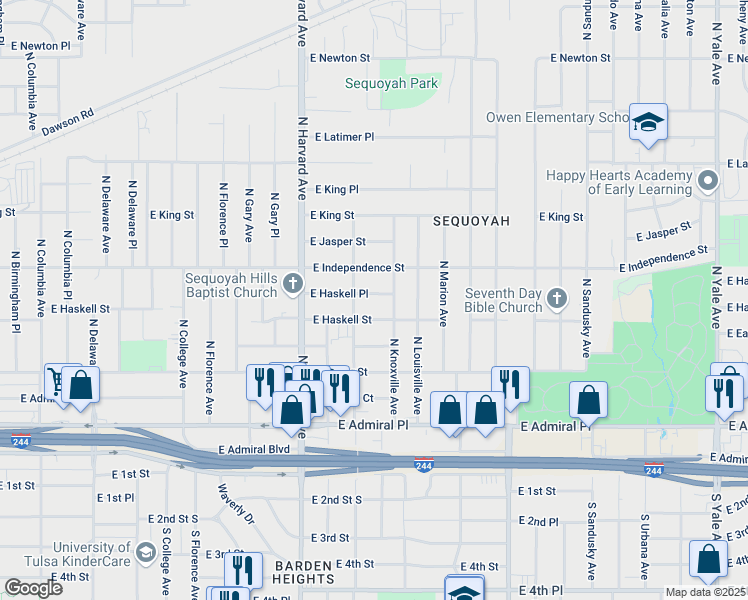 map of restaurants, bars, coffee shops, grocery stores, and more near 3528 East Haskell Place in Tulsa