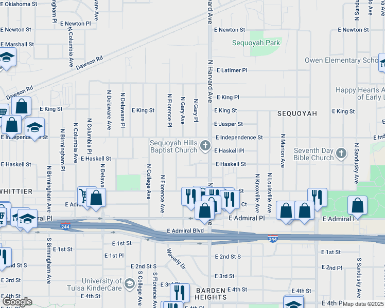 map of restaurants, bars, coffee shops, grocery stores, and more near 719 North Gary Place in Tulsa