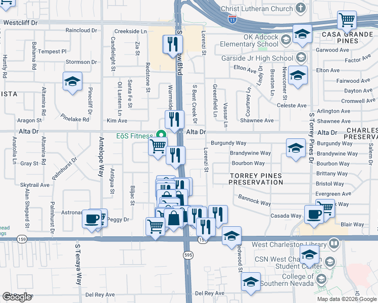 map of restaurants, bars, coffee shops, grocery stores, and more near 6737 Bremerton Circle in Las Vegas