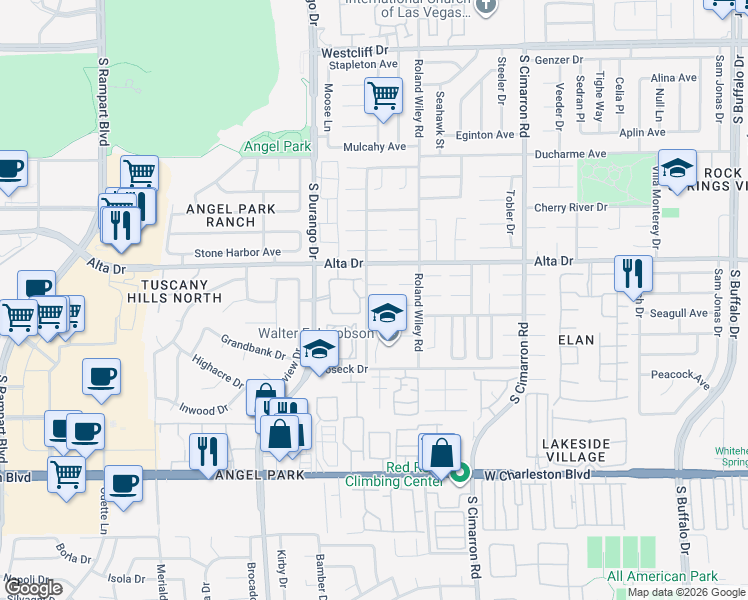 map of restaurants, bars, coffee shops, grocery stores, and more near 8348 Pendragon Circle in Las Vegas