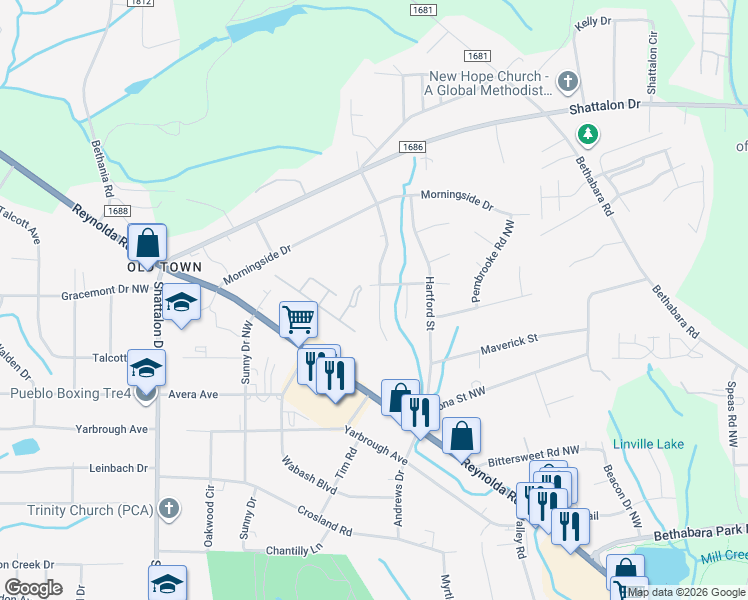 map of restaurants, bars, coffee shops, grocery stores, and more near 3688 Cheshire Woods Drive in Winston-Salem