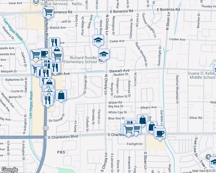 map of restaurants, bars, coffee shops, grocery stores, and more near 300 North Christy Lane in Las Vegas
