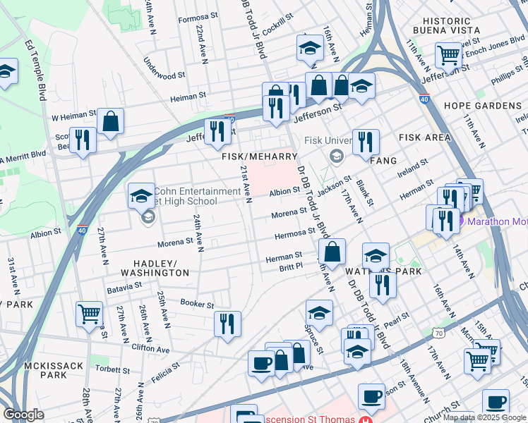 map of restaurants, bars, coffee shops, grocery stores, and more near 1912 Morena Street in Nashville