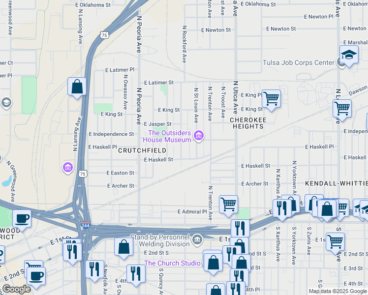 map of restaurants, bars, coffee shops, grocery stores, and more near 719 North Rockford Avenue in Tulsa