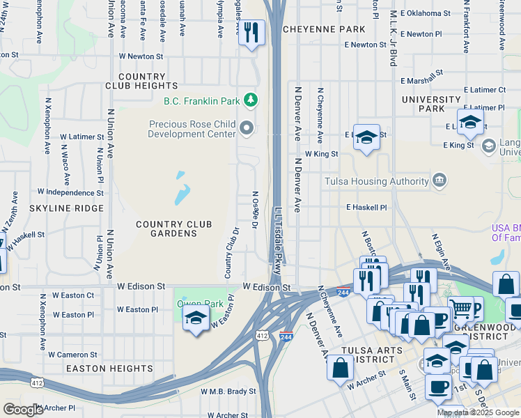 map of restaurants, bars, coffee shops, grocery stores, and more near 711 North Osage Drive in Tulsa