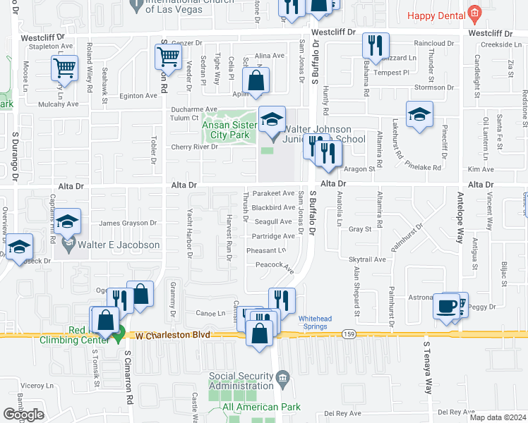 map of restaurants, bars, coffee shops, grocery stores, and more near 7713 Blackbird Avenue in Las Vegas