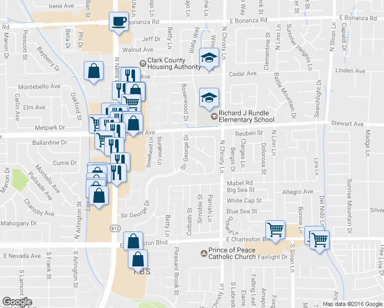 map of restaurants, bars, coffee shops, grocery stores, and more near 320 Sir Phillip Street in Las Vegas