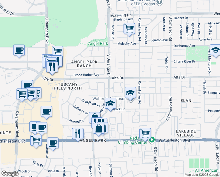 map of restaurants, bars, coffee shops, grocery stores, and more near 500 South Durango Drive in Las Vegas