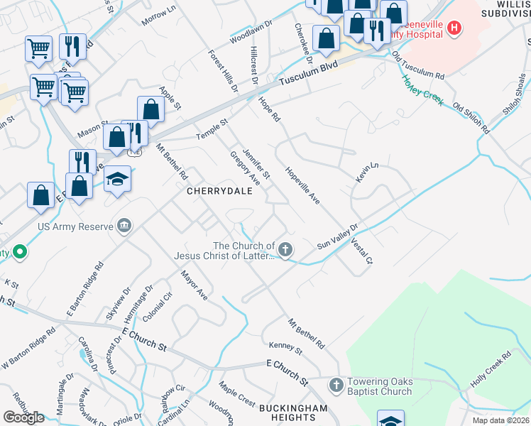 map of restaurants, bars, coffee shops, grocery stores, and more near 102 Hillrise Drive in Greeneville
