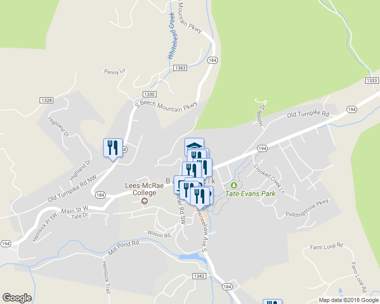 map of restaurants, bars, coffee shops, grocery stores, and more near 303 Hillcrest Drive in Banner Elk