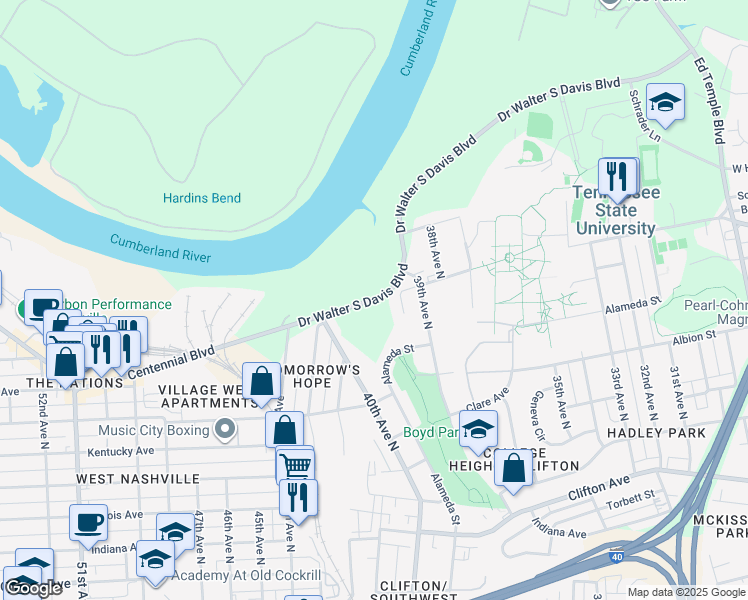 map of restaurants, bars, coffee shops, grocery stores, and more near 3954 Doctor Walter S Davis Boulevard in Nashville