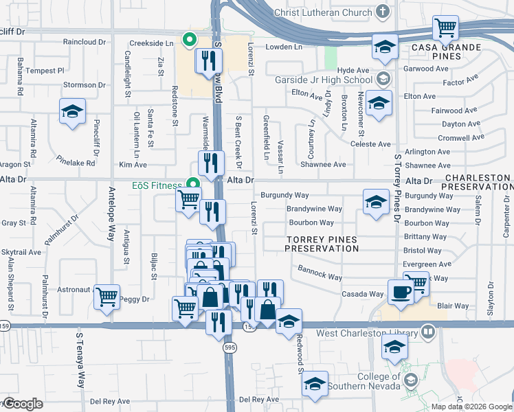 map of restaurants, bars, coffee shops, grocery stores, and more near 600 Lorenzi Street in Las Vegas