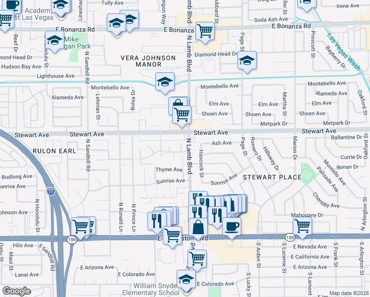 map of restaurants, bars, coffee shops, grocery stores, and more near 251 North Lamb Boulevard in Las Vegas