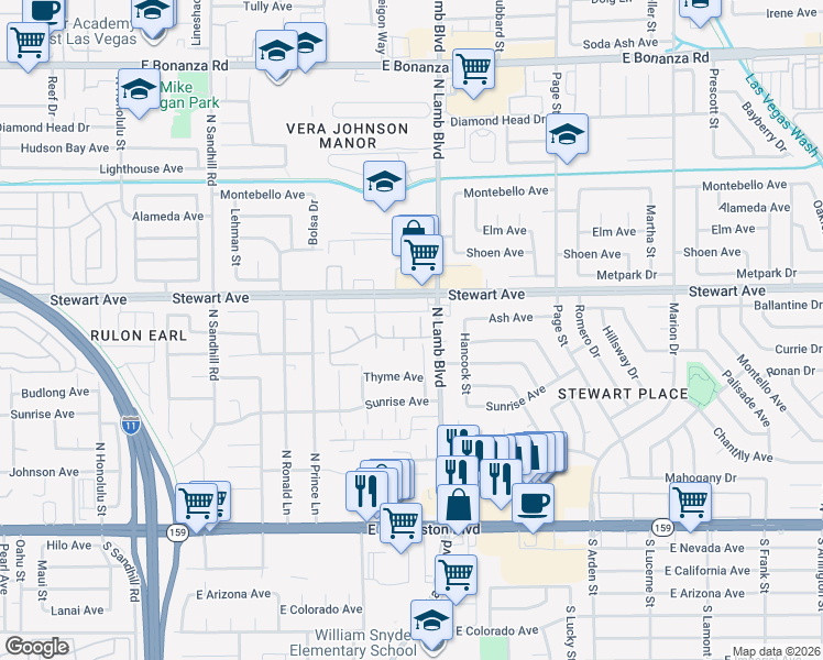 map of restaurants, bars, coffee shops, grocery stores, and more near 257 North Lamb Boulevard in Las Vegas