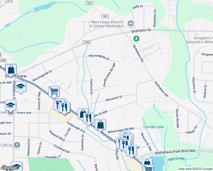 map of restaurants, bars, coffee shops, grocery stores, and more near 3801 Pembrooke Road Northwest in Winston-Salem