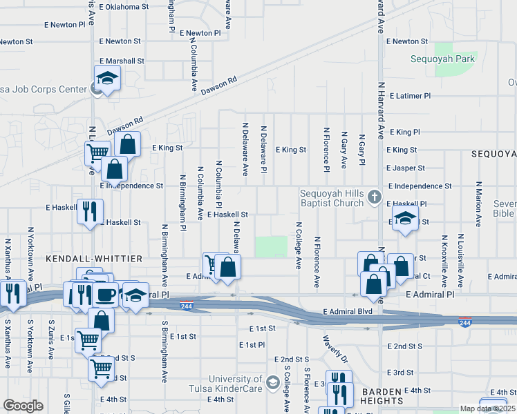 map of restaurants, bars, coffee shops, grocery stores, and more near 2835 East Haskell Street in Tulsa
