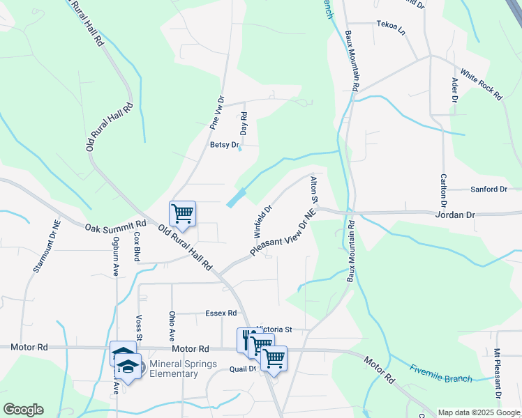 map of restaurants, bars, coffee shops, grocery stores, and more near 1227 Winfield Drive in Winston-Salem